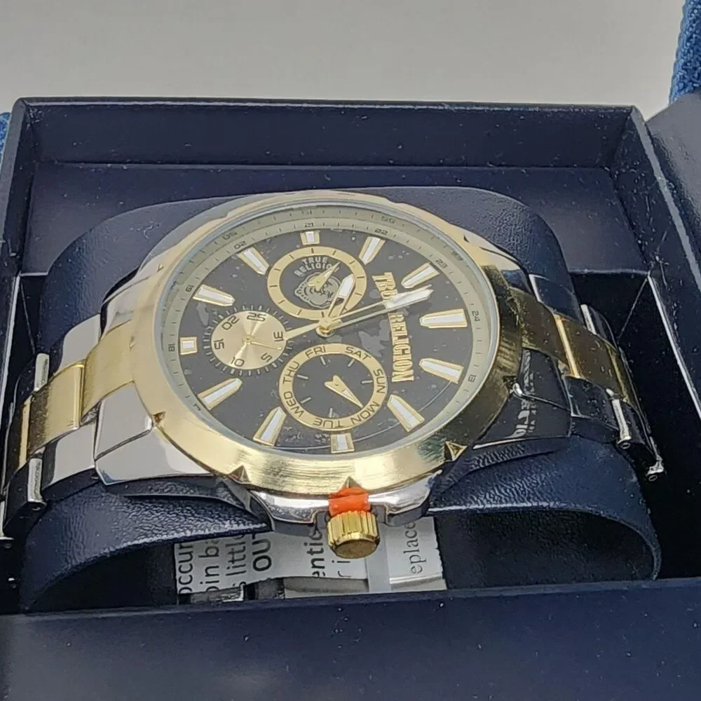 True Religion Watch Two Tone Stainless Black Dial Mens Analog Multi Dial Boxed